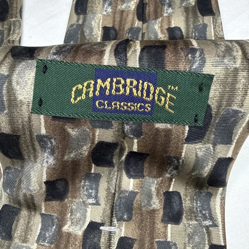 Cambridge Classic Mervyns Geometric Black Gray Beige Brown 100% Italian Silk Tie